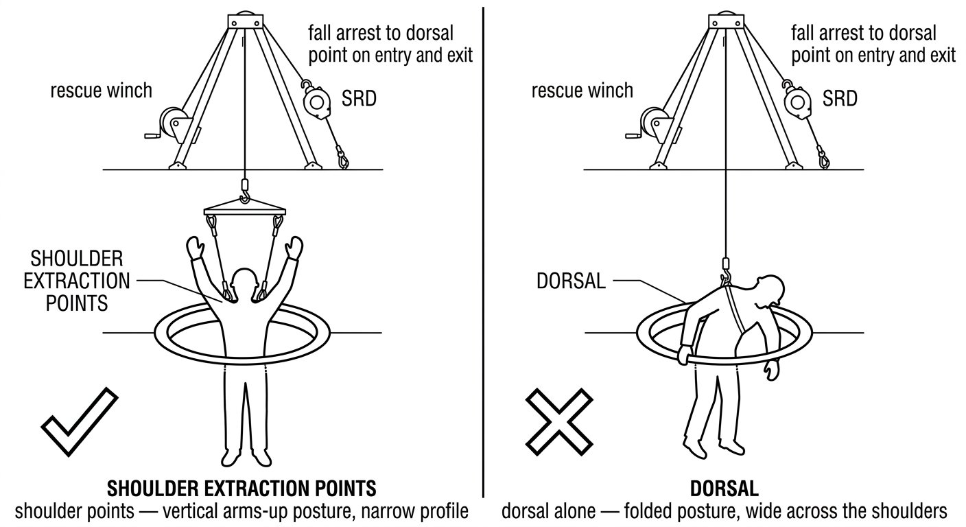 Comparison of confined space extraction through a manhole using shoulder extraction points with a spreader bar versus lifting from the dorsal point alone.
