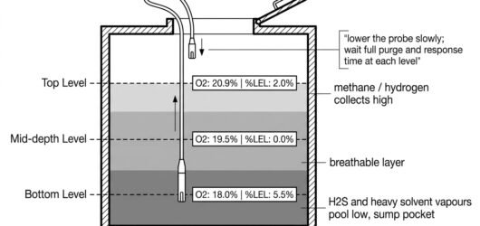 Cross-section of a vertical confined space showing stratified gas layers and probe sampling at top, mid-depth and bottom levels.