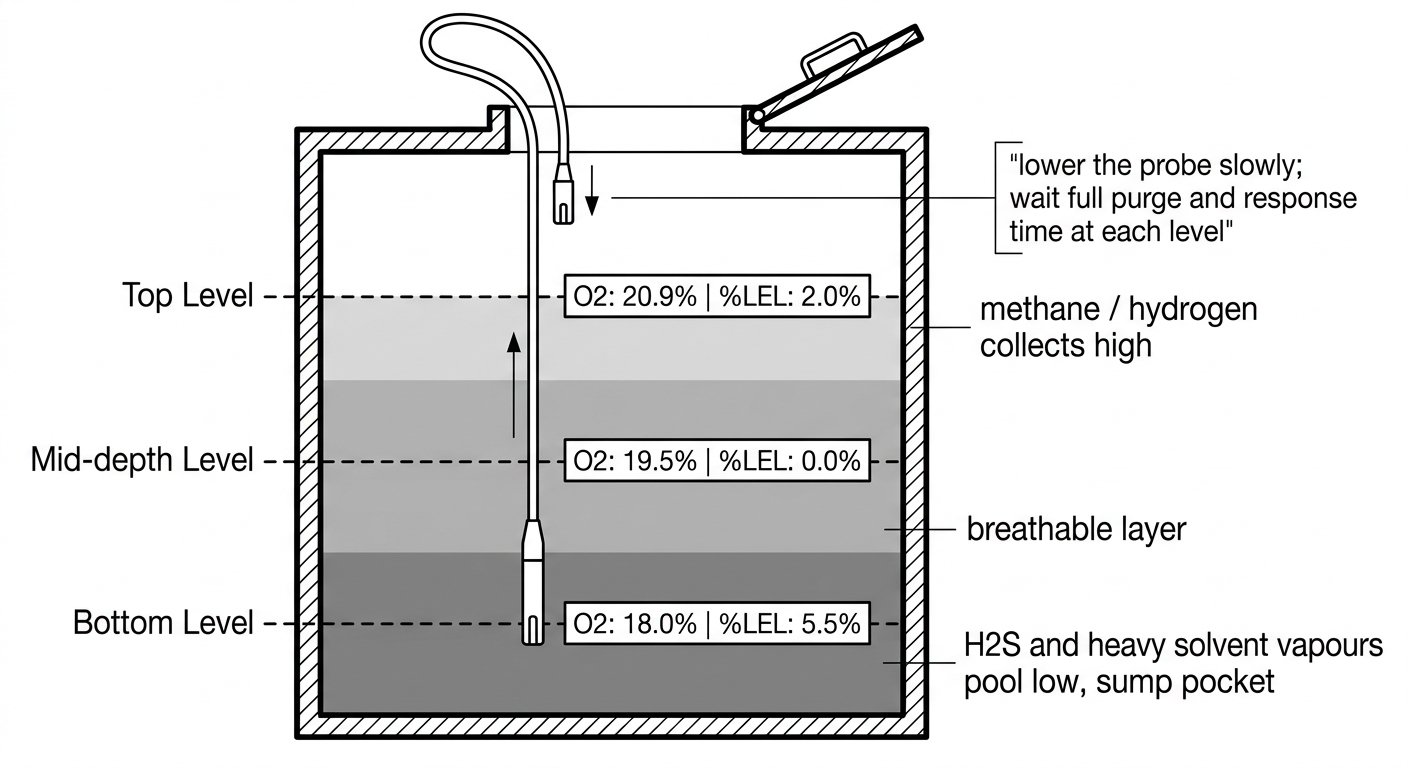 Cross-section of a vertical confined space showing stratified gas layers and probe sampling at top, mid-depth and bottom levels.
