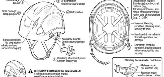 Inspection diagram of a safety helmet showing exterior damage checks, internal markings, harness and chinstrap, and a switchable chinstrap mode check