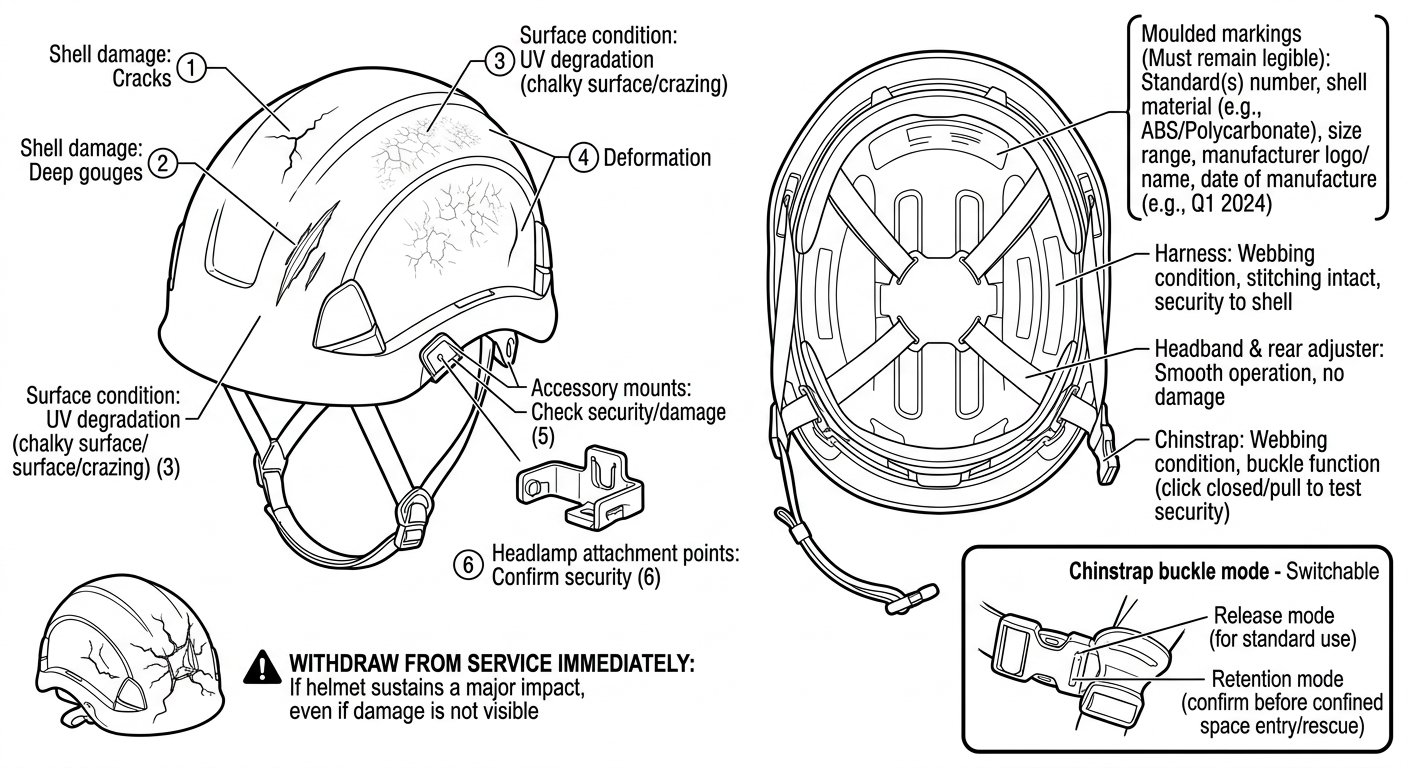 Inspection diagram of a safety helmet showing exterior damage checks, internal markings, harness and chinstrap, and a switchable chinstrap mode check