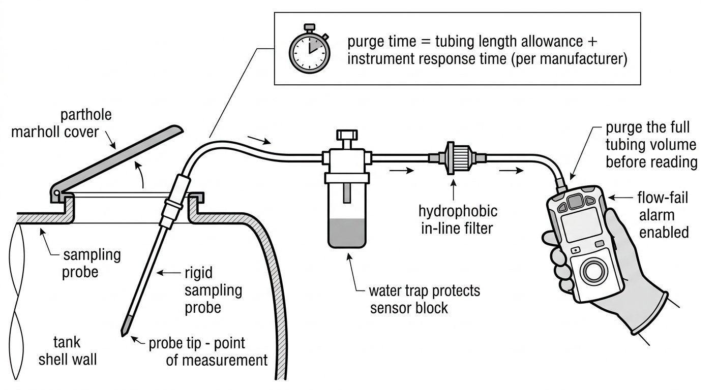 Remote sampling train for confined space atmospheric testing: probe, tubing, water trap, hydrophobic filter and pumped detector used from outside the opening.