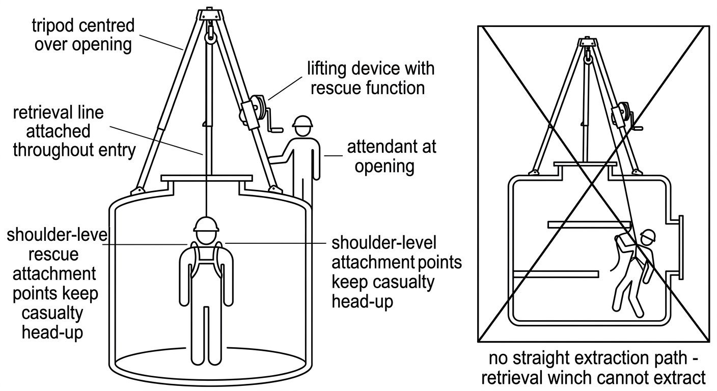 Cross-section diagram of a vertical confined space entry with a tripod and retrieval winch over the manway, contrasted with an obstructed vessel where retrieval cannot work