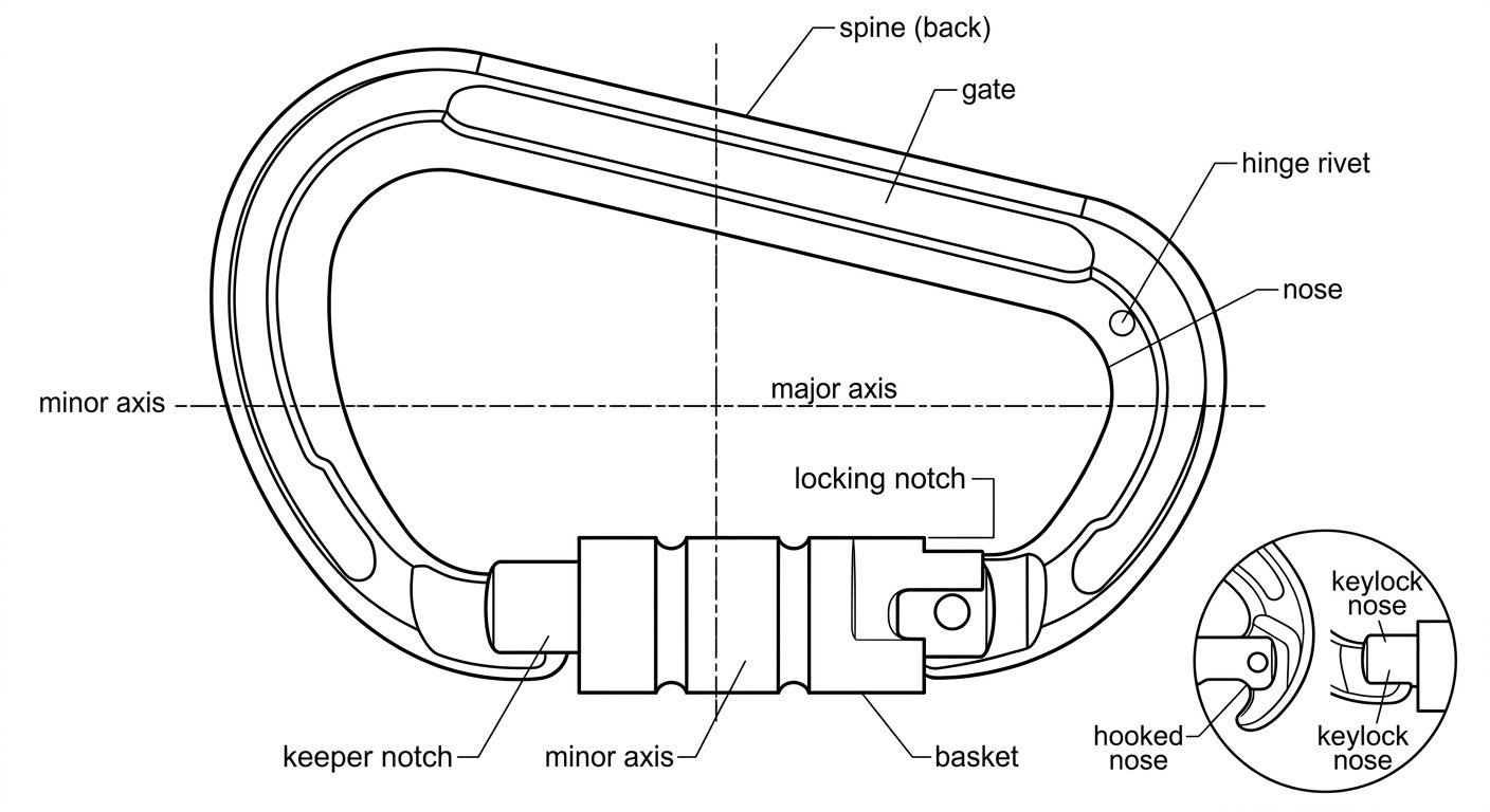 Labelled line diagram of a locking connector showing spine, gate, hinge, nose, keeper, locking sleeve and basket, with major and minor axes marked