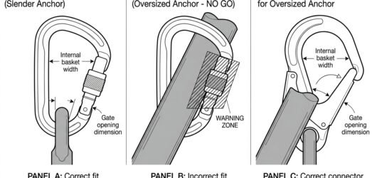 Three-panel diagram comparing correct basket seating, a connector forced onto a large bar and bearing on the gate, and a large-opening connector fitte