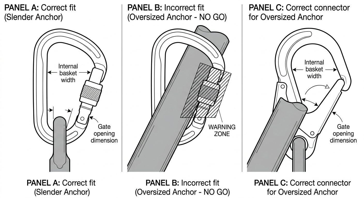 Three-panel diagram comparing correct basket seating, a connector forced onto a large bar and bearing on the gate, and a large-opening connector fitted correctly