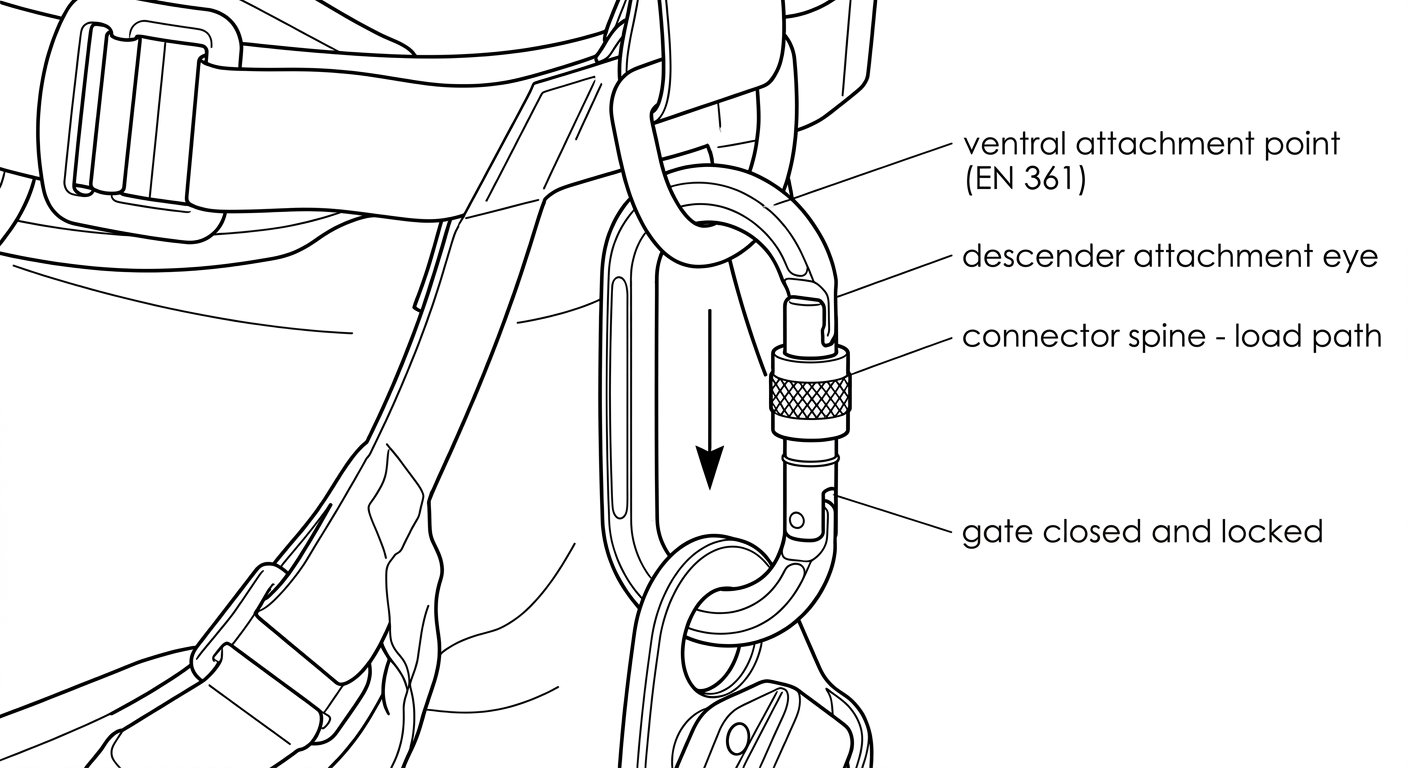 Line diagram of a locking connector joining a descender's attachment eye to a harness ventral attachment point, loaded along its major axis with the gate closed and locked.