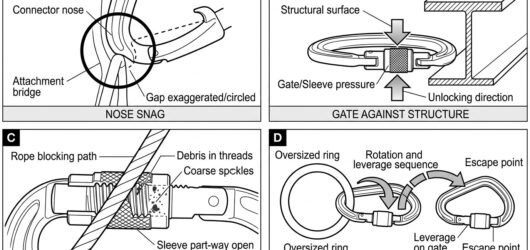 Four-panel diagram of gate-open failure modes: nose snag, gate pressed against structure, blocked locking sleeve and roll-out from an oversized ring
