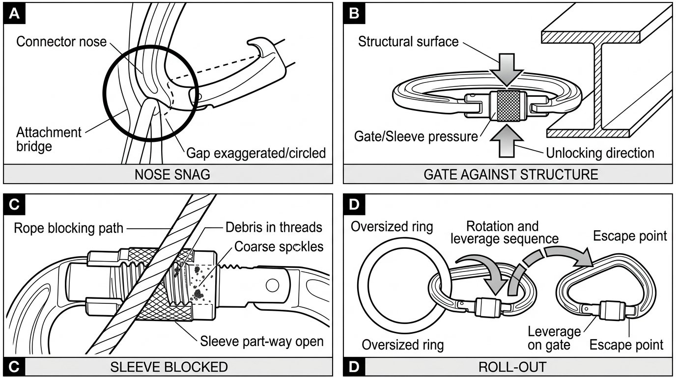 Four-panel diagram of gate-open failure modes: nose snag, gate pressed against structure, blocked locking sleeve and roll-out from an oversized ring