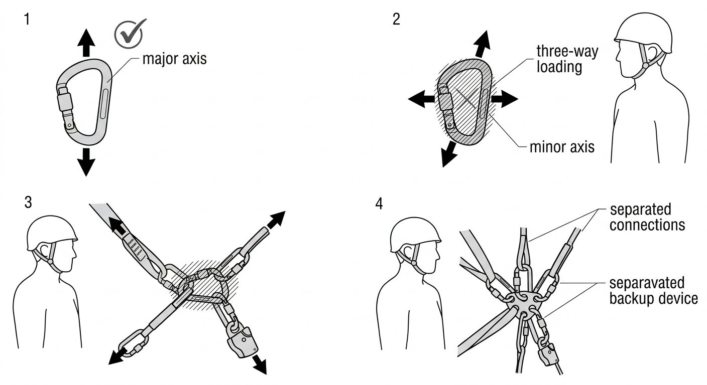 Diagram showing major-axis loading, minor-axis cross loading, three-way loading of one connector, and the corrected version using a rigging plate