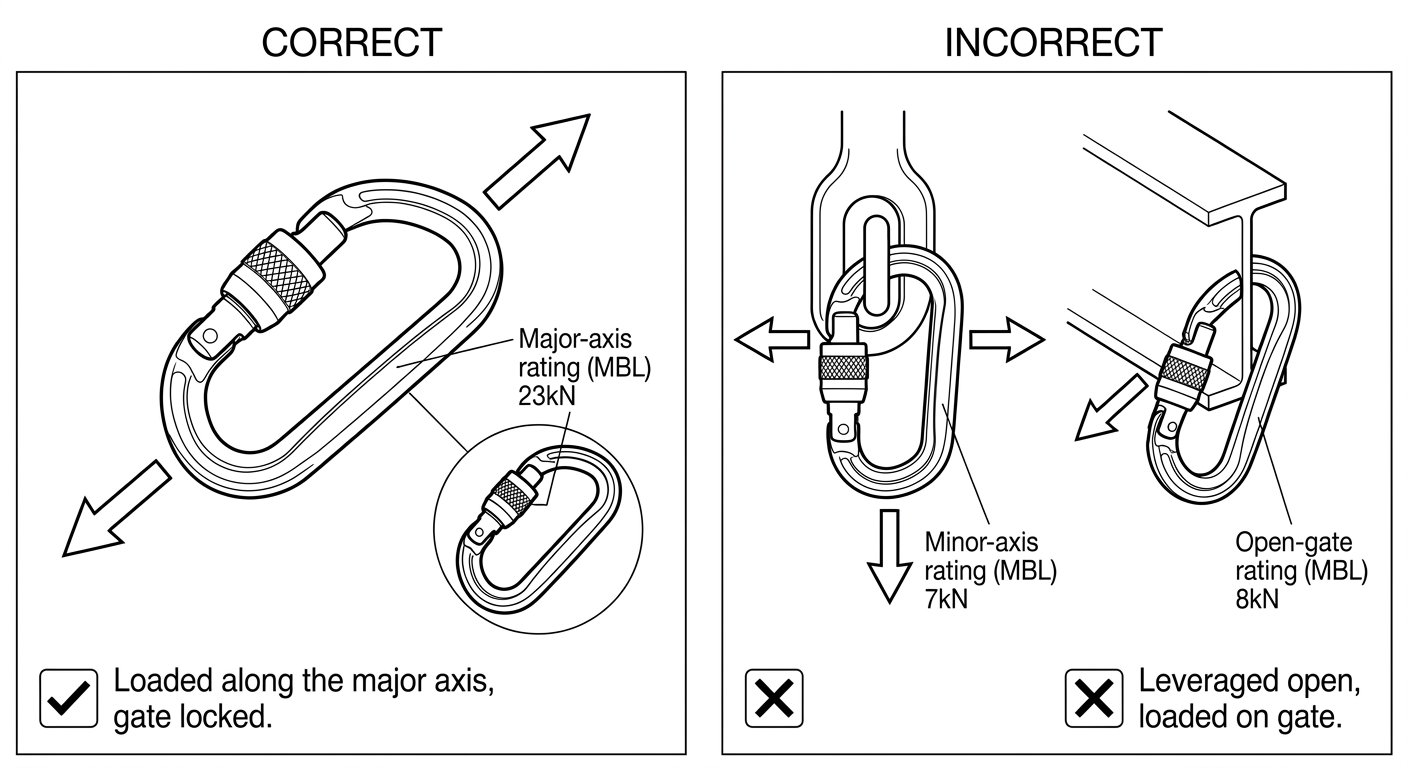 Diagram comparing a connector correctly loaded along its major axis with incorrect minor-axis cross loading and gate loading against a beam edge
