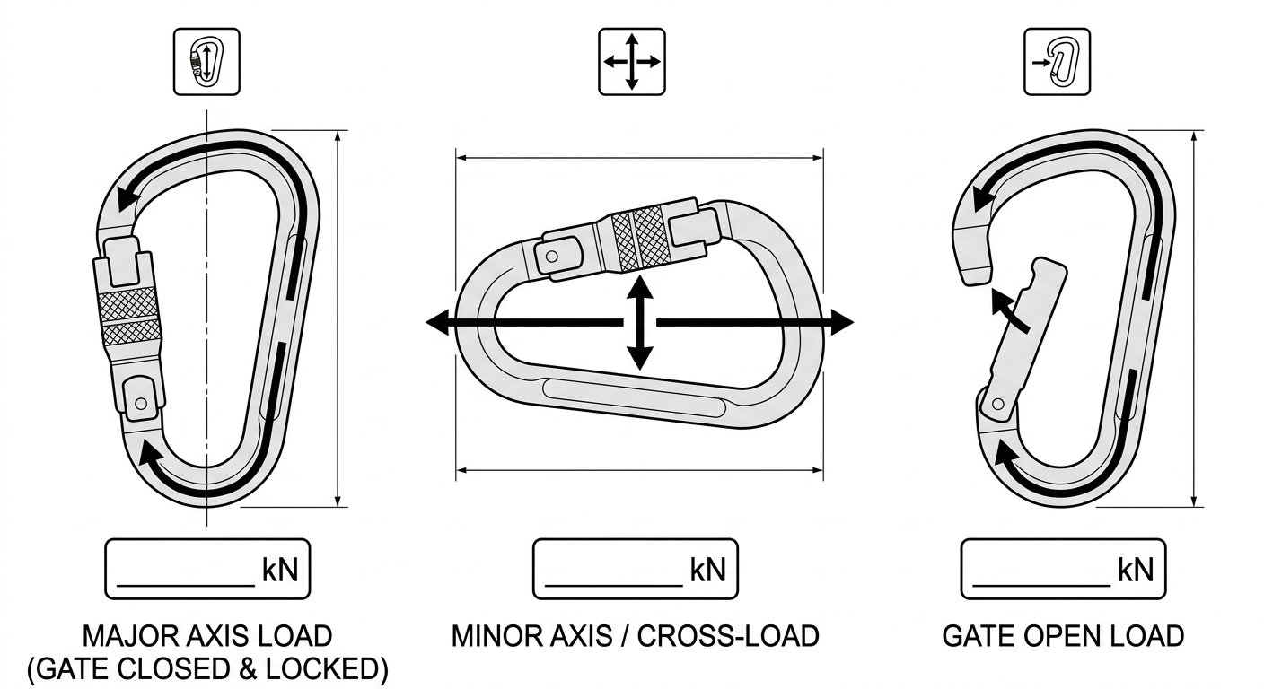 Three-panel diagram showing the major-axis, minor-axis and gate-open loading pictograms marked on connectors, with arrows indicating load direction in each case.