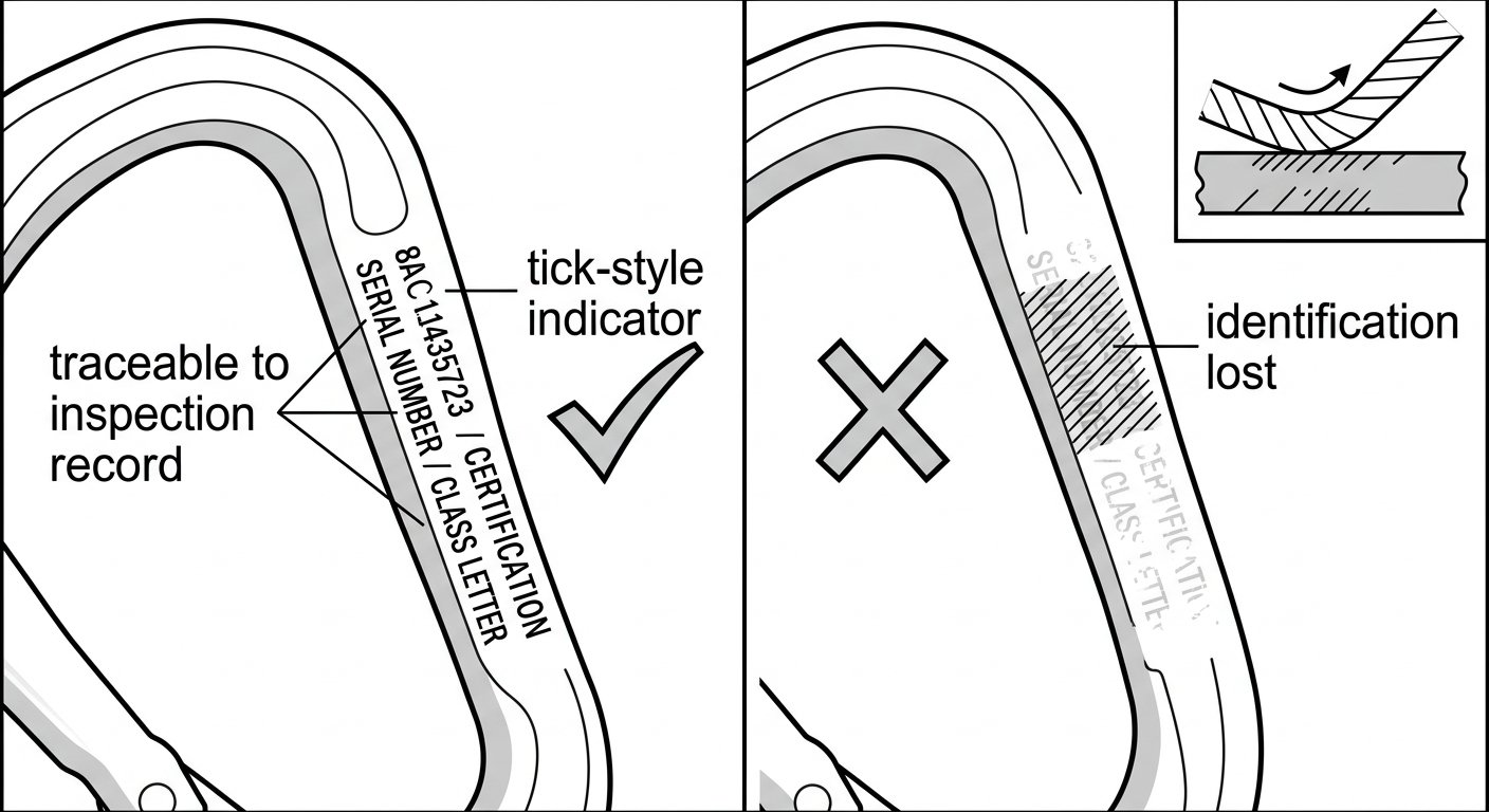 Comparison diagram of a carabiner with legible markings versus one whose serial number and class letter have been abraded away, showing loss of traceability.