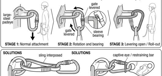 Three-stage diagram of connector roll-out on a large-radius padeye, with solutions shown using an interposed sling and a captive-eye connector