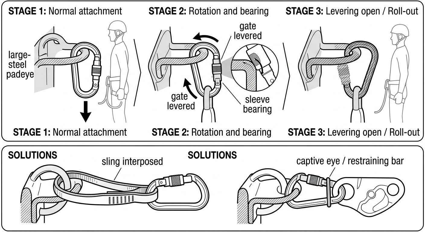 Three-stage diagram of connector roll-out on a large-radius padeye, with solutions shown using an interposed sling and a captive-eye connector