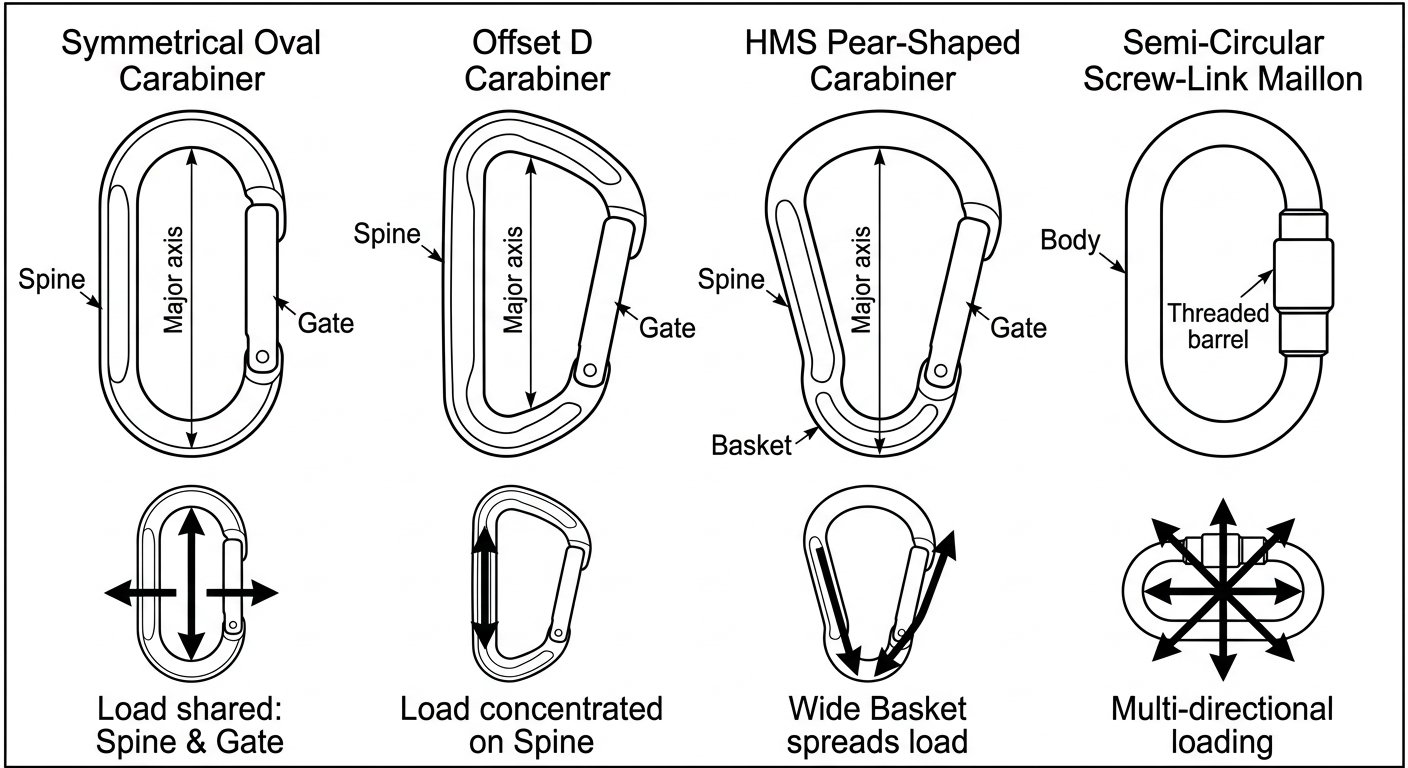 Comparison diagram of oval, offset D, HMS pear and semi-circular maillon connectors with arrows showing how each shape directs the load path