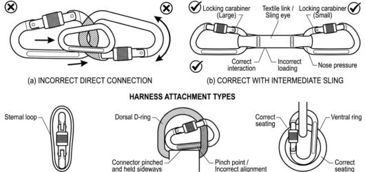 Diagram of two carabiners clipped directly together versus connected through a soft link, and the same connector offered to thin, thick and ventral ha