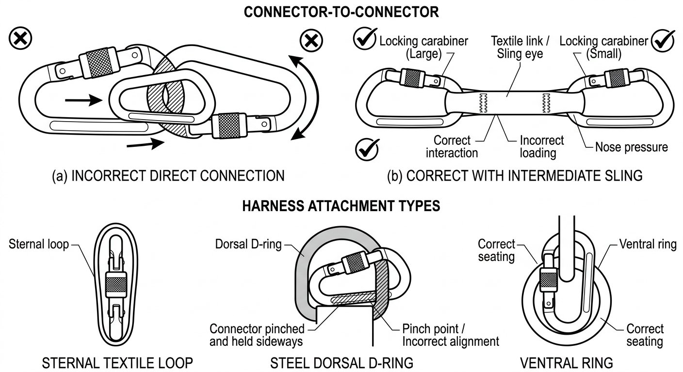 Diagram of two carabiners clipped directly together versus connected through a soft link, and the same connector offered to thin, thick and ventral harness attachment points