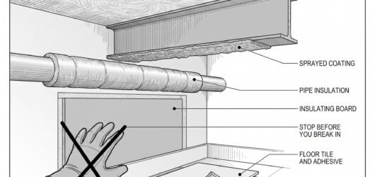Cutaway of a building interior with leader lines to pipe lagging, sprayed coating on a steel beam, an insulating board panel, a textured ceiling coati