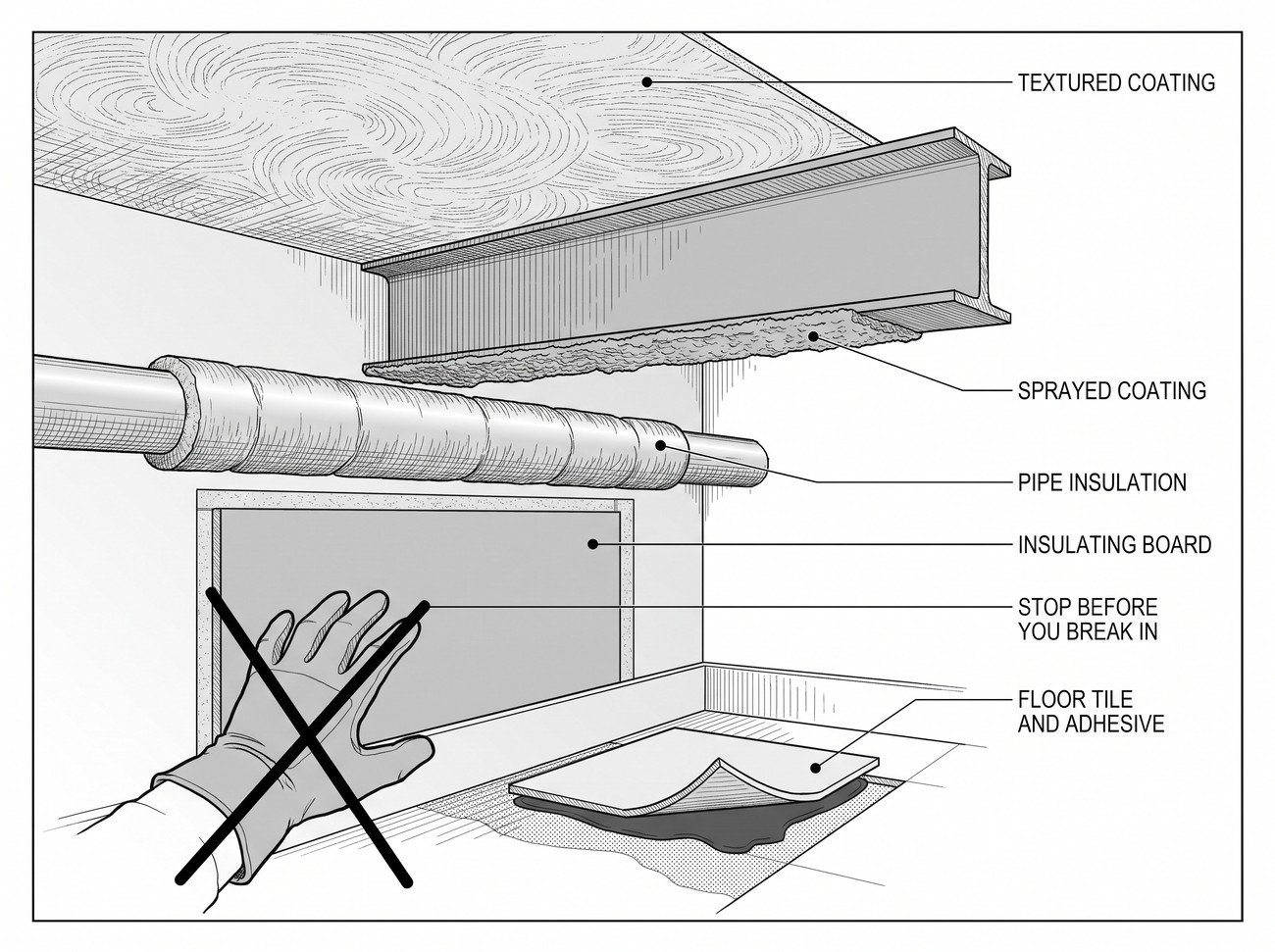 Cutaway of a building interior with leader lines to pipe lagging, sprayed coating on a steel beam, an insulating board panel, a textured ceiling coating and a floor tile, with a stop symbol over a hand reaching to break a panel.