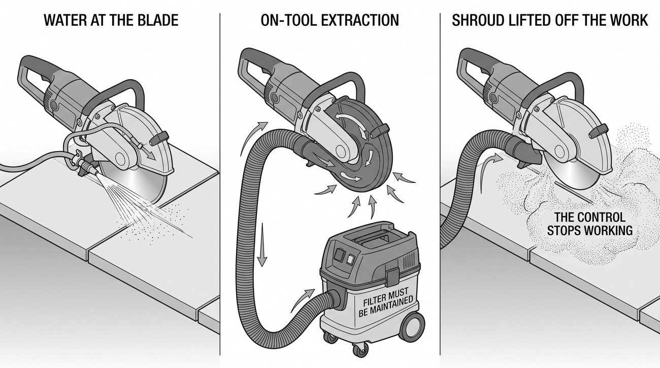 A cut-off saw shown twice, once with a water feed at the blade and once with an extraction shroud and hose, with a third detail showing a shroud held off the surface and dust escaping the gap.