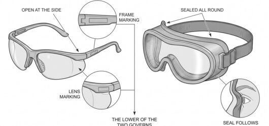 Safety spectacles and goggles shown side by side with the frame marking and the lens marking enlarged in two detail circles, and an arrow indicating t