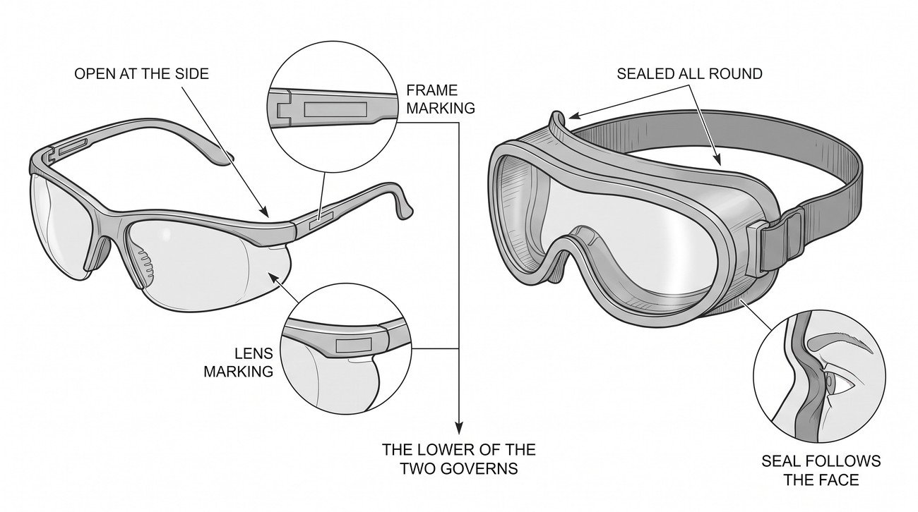 Safety spectacles and goggles shown side by side with the frame marking and the lens marking enlarged in two detail circles, and an arrow indicating that the lower of the two governs.
