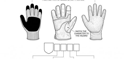 Three construction gloves side by side with the EN 388 pictogram and its performance string shown enlarged, and each character in the string linked by
