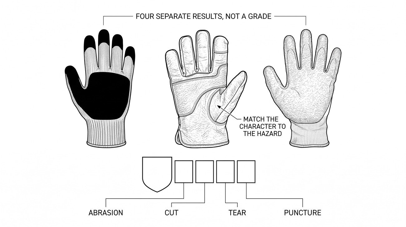 Three construction gloves side by side with the EN 388 pictogram and its performance string shown enlarged, and each character in the string linked by a leader line to the property it reports.