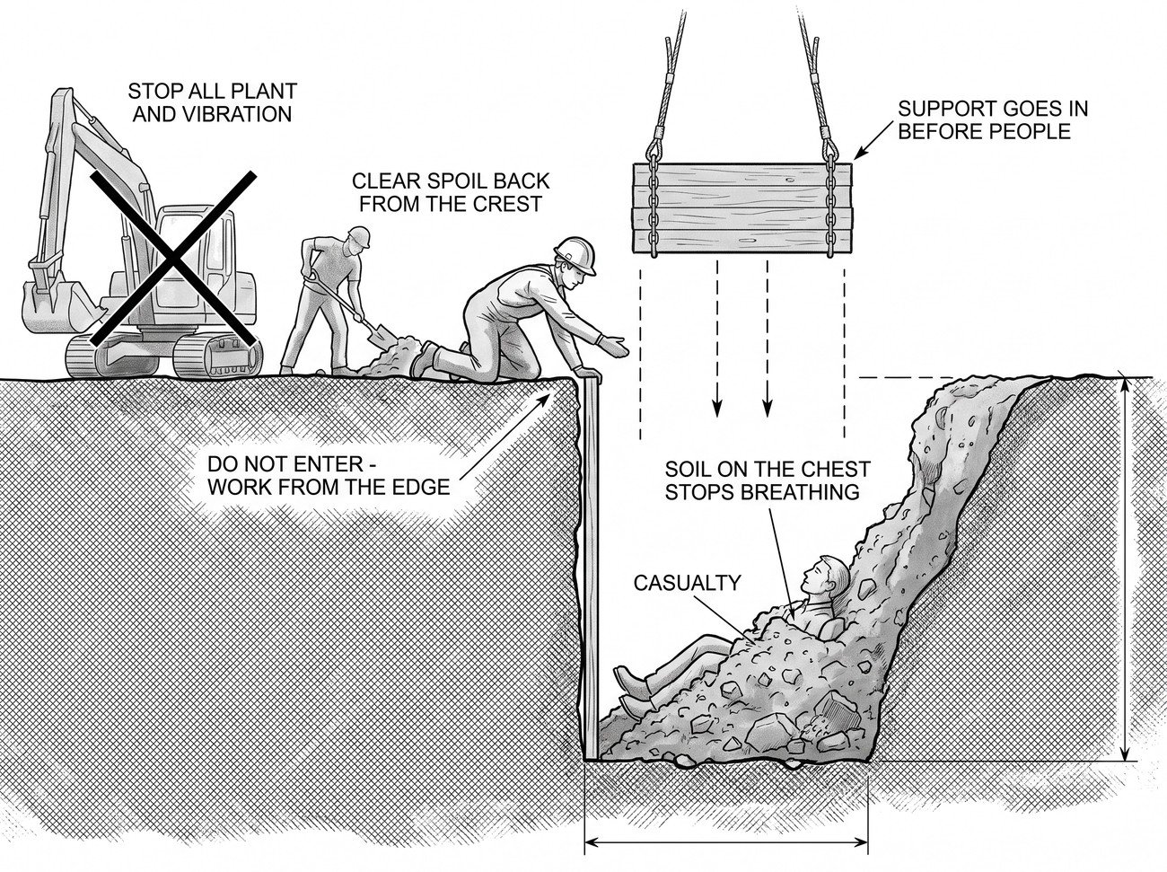Section through a partly collapsed trench with a buried casualty, a rescuer at the crest not entering, spoil being cleared back, plant stopped, and shoring being lowered in before entry.