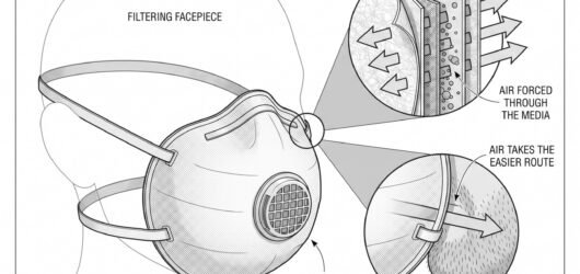 A filtering facepiece shown in cutaway with the filter media and exhalation valve, beside a face-seal detail showing stubble breaking the seal and air