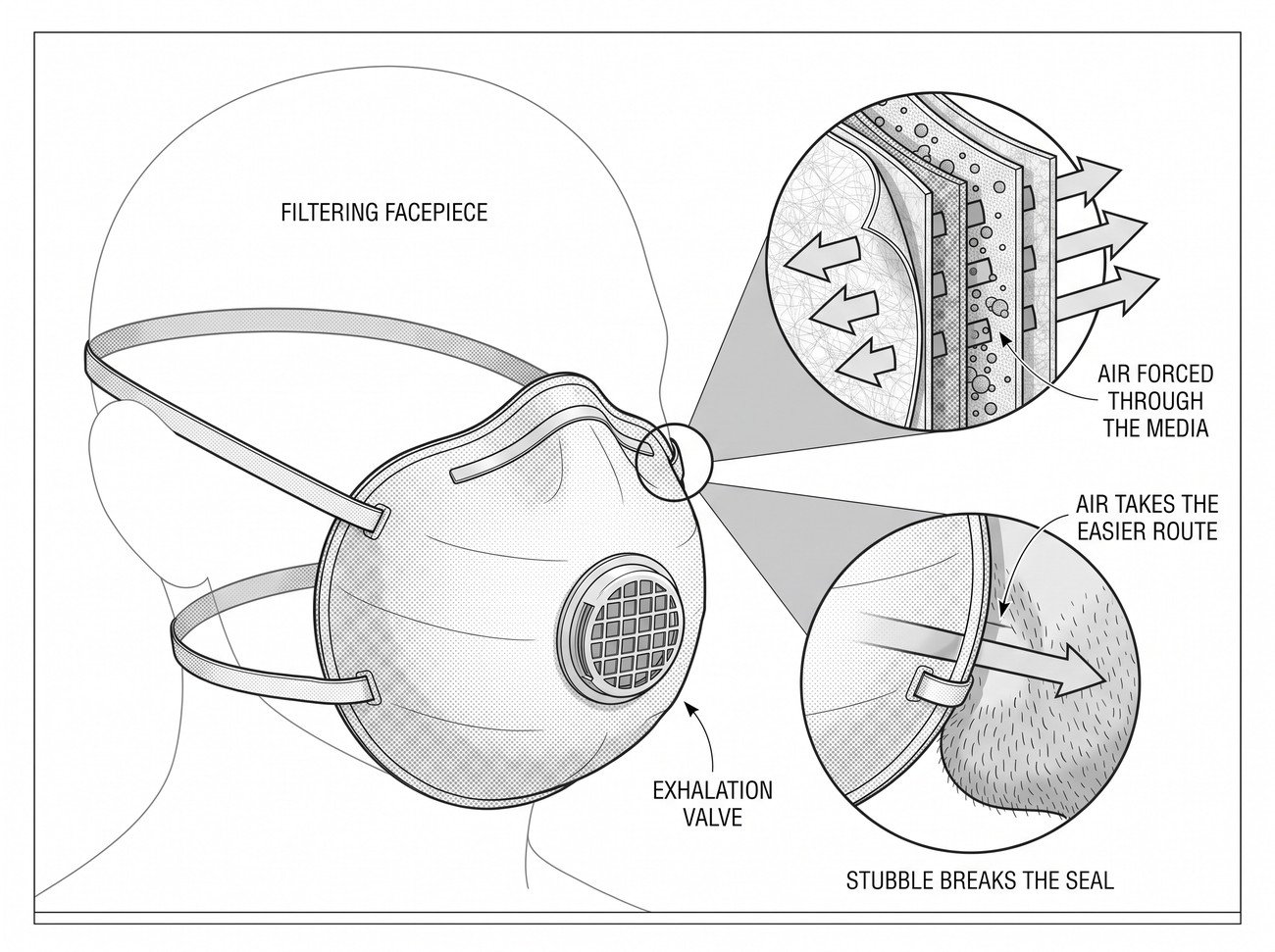 A filtering facepiece shown in cutaway with the filter media and exhalation valve, beside a face-seal detail showing stubble breaking the seal and air bypassing the filter.