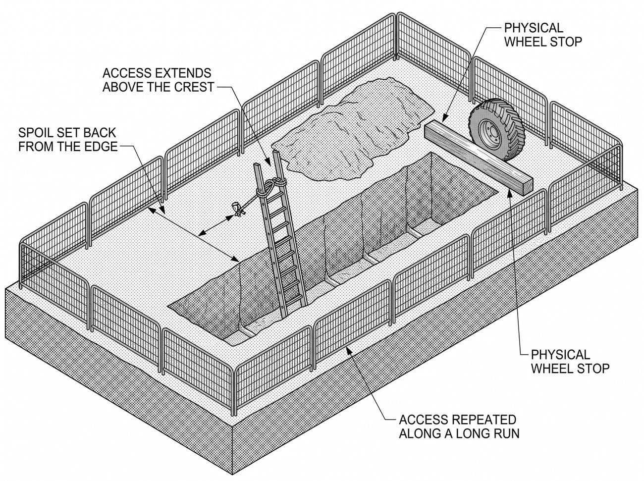 Plan and section of an open trench showing barriers around the full perimeter, a secured ladder extending above the crest, spoil set back from the edge, and a wheel stop where a vehicle approaches.