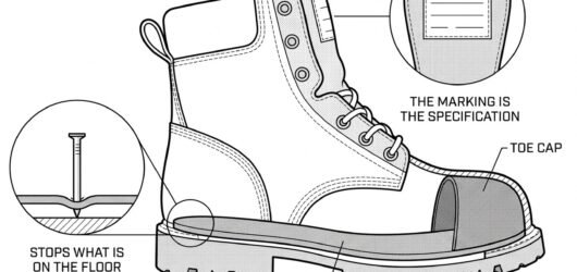 Cutaway of a safety boot showing the toe cap, the penetration-resistant midsole and the cleated outsole, with the marking label shown enlarged on the 