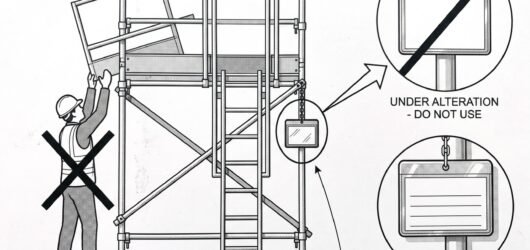 A scaffold access point with a tag holder shown enlarged, displaying the prohibition and permitted states, beside a figure removing a guardrail with a