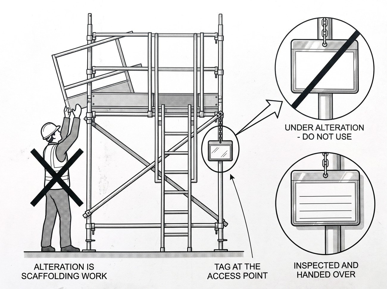 A scaffold access point with a tag holder shown enlarged, displaying the prohibition and permitted states, beside a figure removing a guardrail with a cross through the action.