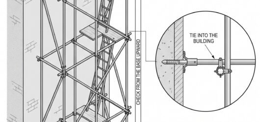 An elevation of a scaffold bay with detail circles on the base plate and sole board, a tie into the building, the guardrail and toeboard, and a boarde
