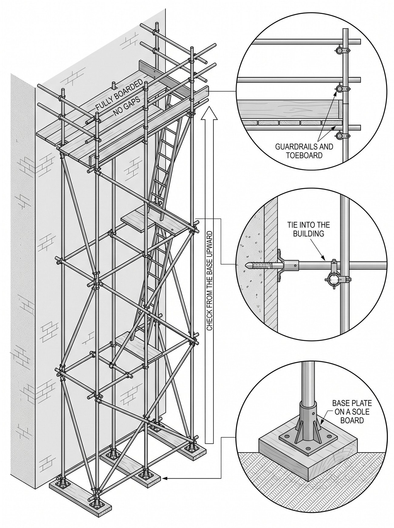 An elevation of a scaffold bay with detail circles on the base plate and sole board, a tie into the building, the guardrail and toeboard, and a boarded lift with a gap.