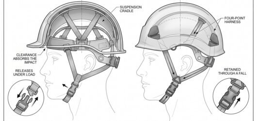 Cutaway comparison of an industrial safety helmet and a mountaineering-style helmet, showing the releasing chinstrap on one and the four-point retaine