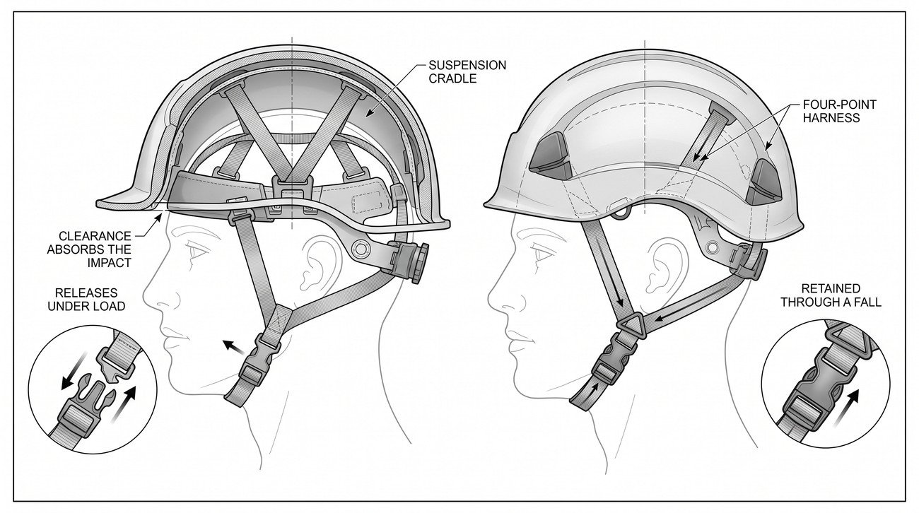 Cutaway comparison of an industrial safety helmet and a mountaineering-style helmet, showing the releasing chinstrap on one and the four-point retained harness on the other.