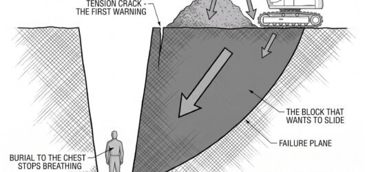 Section through a trench showing a tension crack behind the crest, a failure plane through the face, spoil stacked close to the edge and a plant machi
