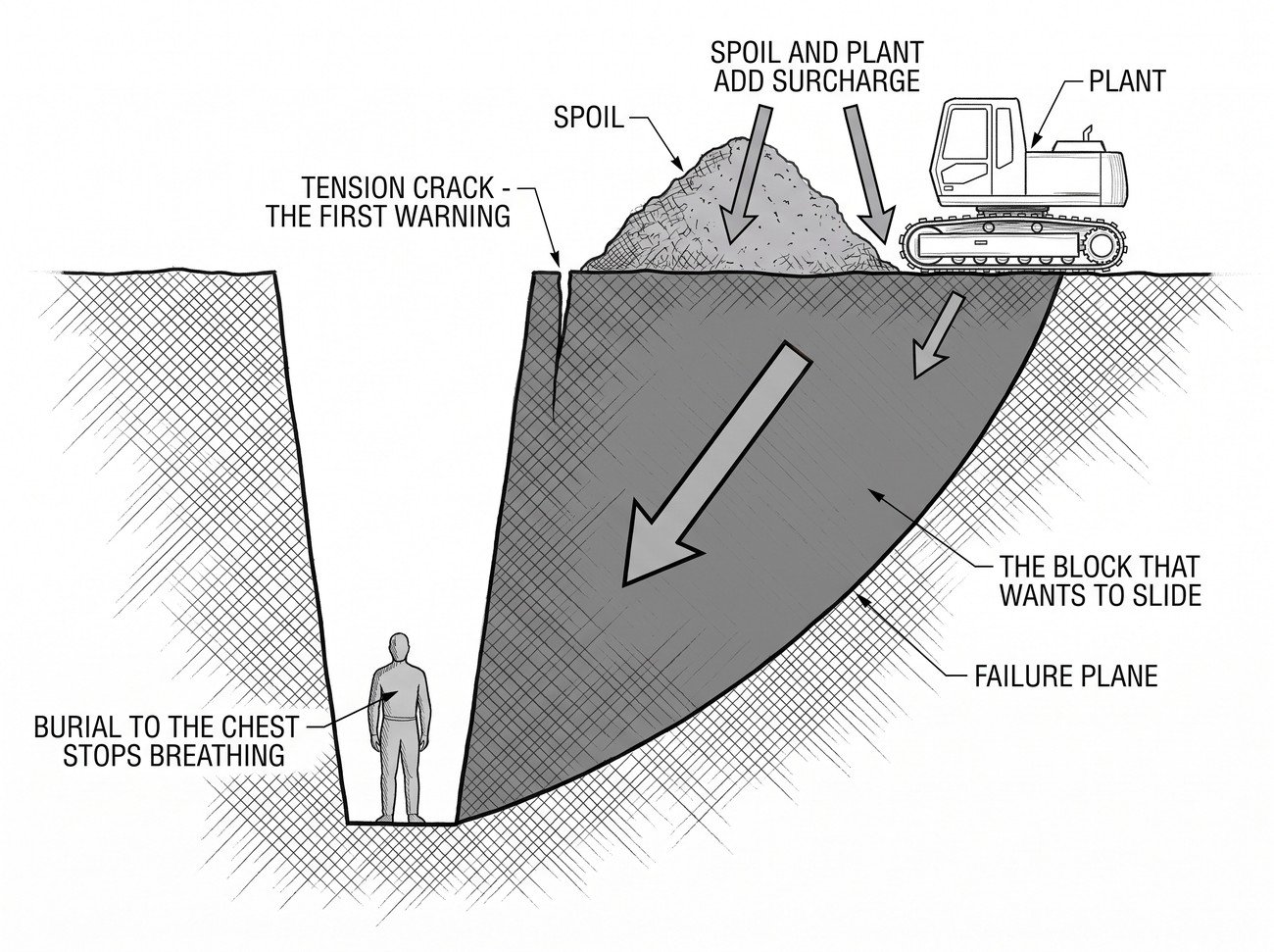 Section through a trench showing a tension crack behind the crest, a failure plane through the face, spoil stacked close to the edge and a plant machine tracking beside it, with arrows showing the surcharge load.
