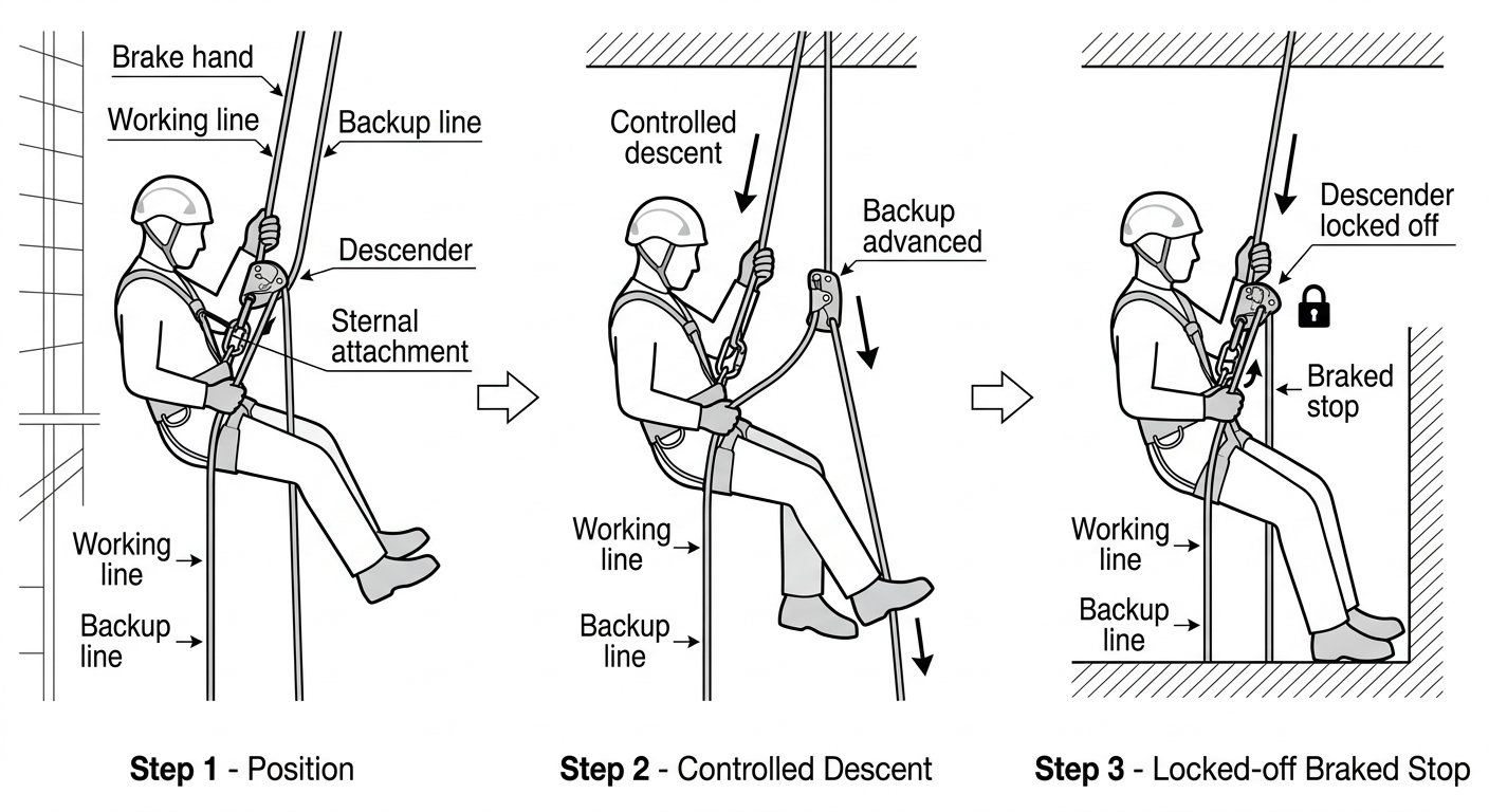 Three-step sequence showing a rope access descent: brake hand on the rope, controlled mid-descent posture, and a locked-off braked stop.