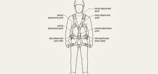 Line diagram of a standing worker in a correctly adjusted full body harness with labels for snug leg loops, mid-chest strap and even shoulder straps