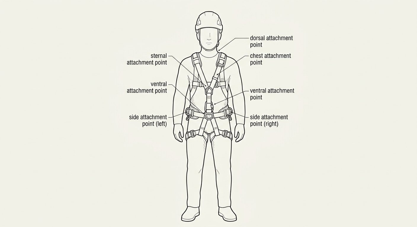 Line diagram of a standing worker in a correctly adjusted full body harness with labels for snug leg loops, mid-chest strap and even shoulder straps