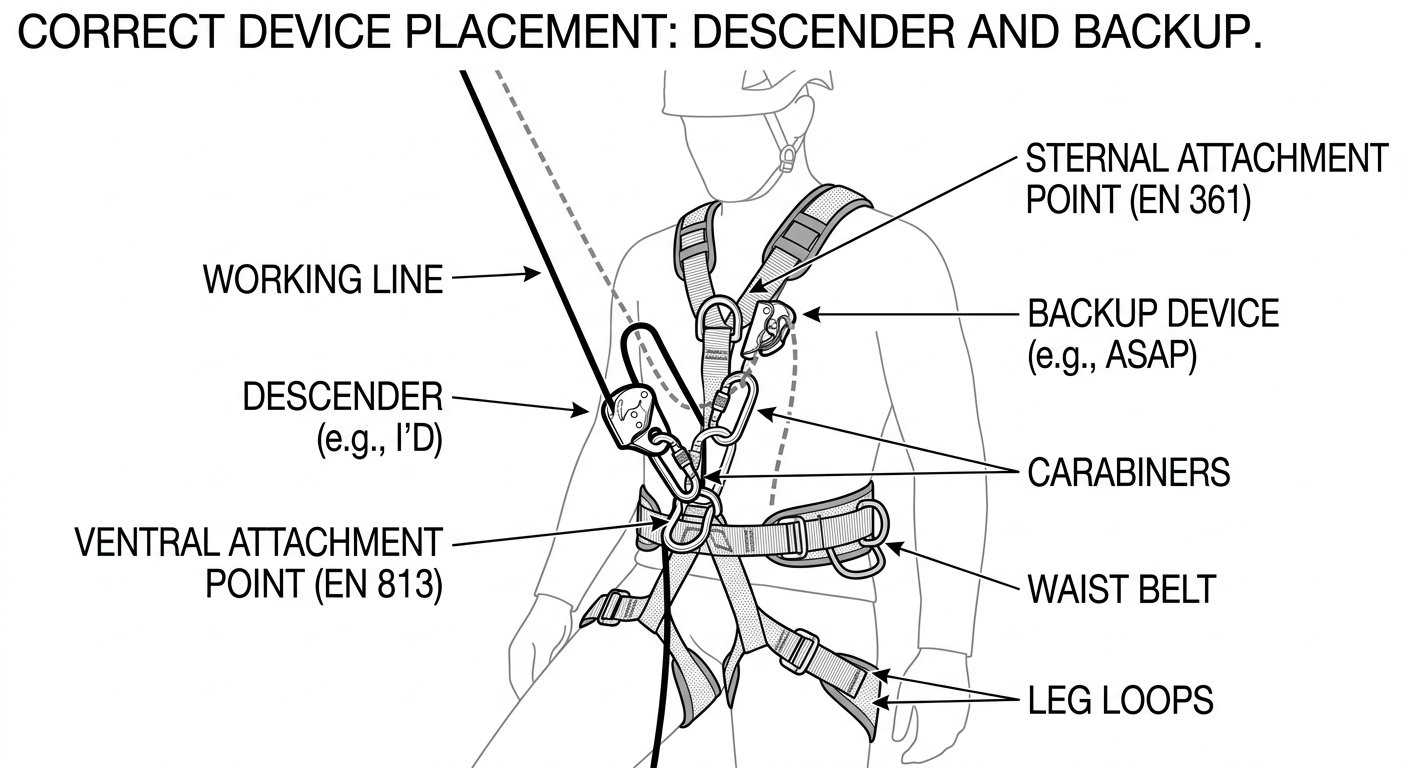 Close-up of a rope access harness showing the descender on the ventral attachment point and the backup device on the safety line at the sternal attachment point.