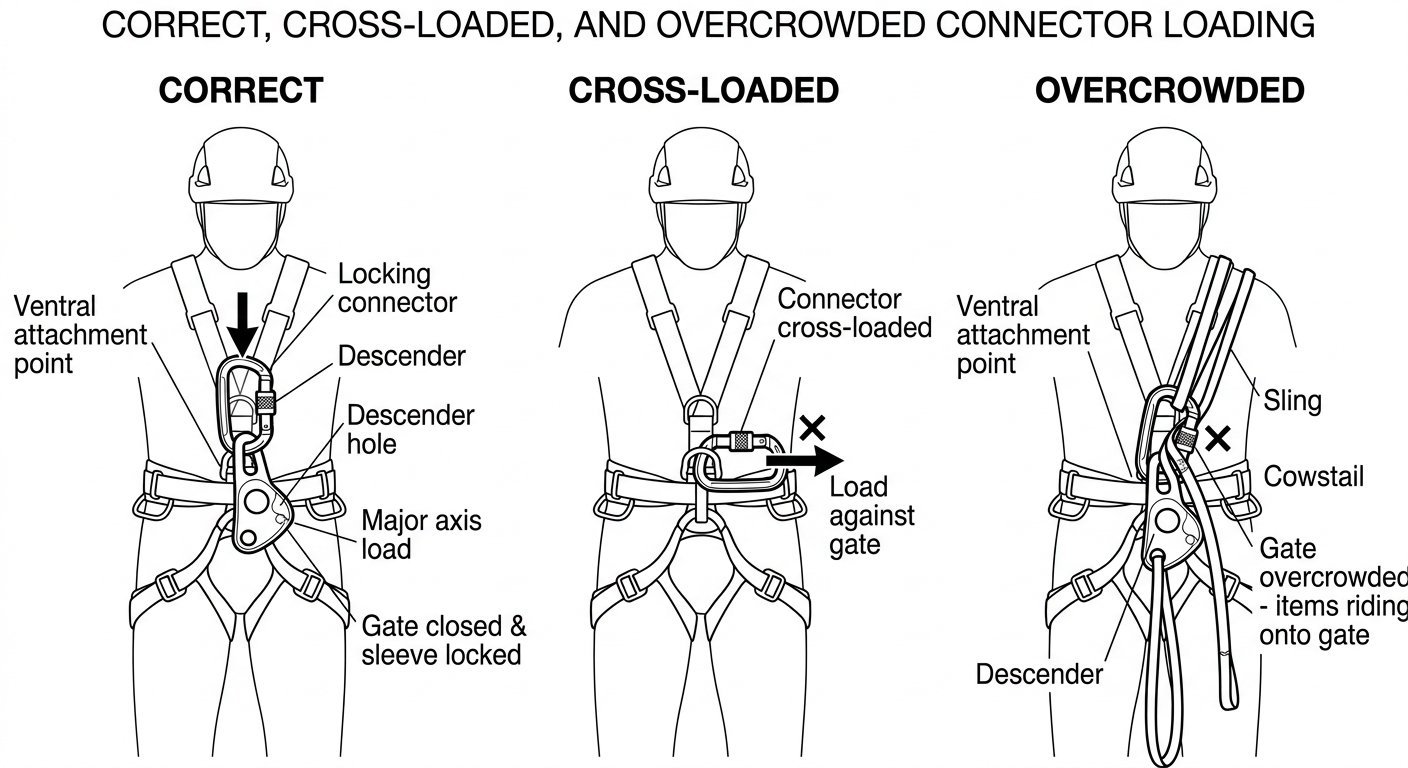 Three-panel comparison of a descender connector at the harness ventral point: correct major-axis loading, cross-loading against the gate, and too many items crowded into one connector.