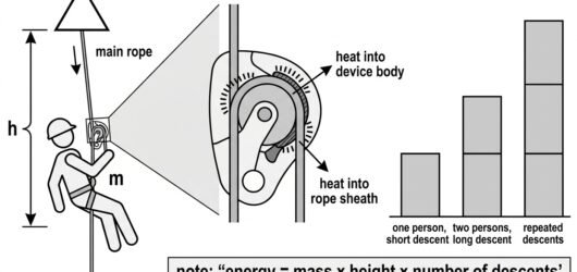 Diagram showing how descent height, mass and number of descents accumulate energy that becomes heat in the descender body and rope sheath.