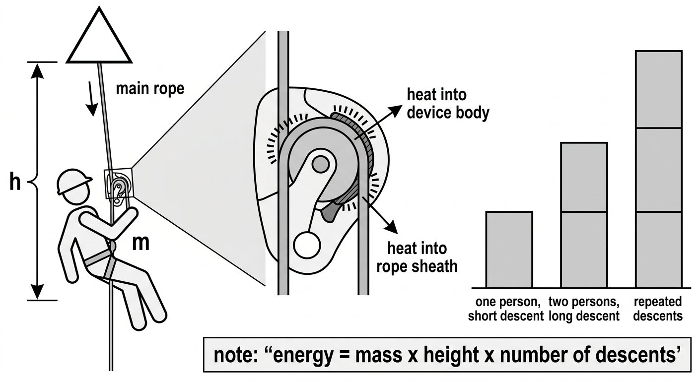 Diagram showing how descent height, mass and number of descents accumulate energy that becomes heat in the descender body and rope sheath.