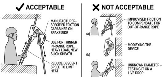Comparison diagram showing an acceptable manufacturer-specified friction carabiner on the brake side versus unacceptable improvised friction, device m